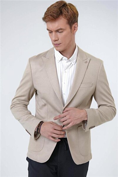 SÜVARİ Bej Slim Baskılı Sivri Yaka 6 Drop Ceket