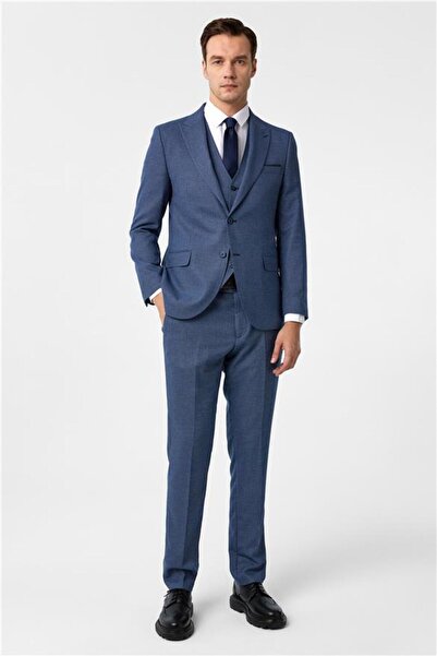 SÜVARİ Parlament Mavi Slim Desenli Mono Yaka 6 Drop Yelekli Takım Elbise