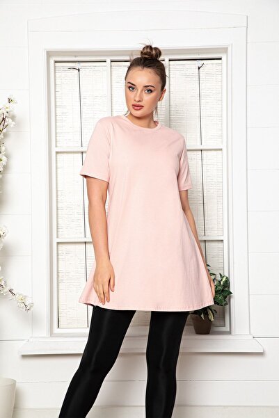 MyBen Γυναικείο ροζ κοντομάνικο βαμβακερό λαιμόκοψη χτενισμένο βαμβακερό τουνίκ-εσώρουχο Slm02