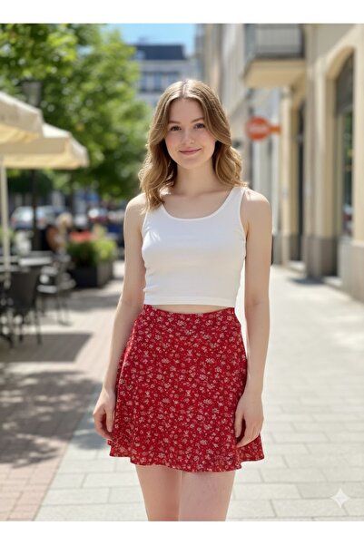 LADY HAZAL Kırmızı Mini Çiçekli Mini Etek Tamkalıp Içi Şortlu Helen Kumaş Ete...