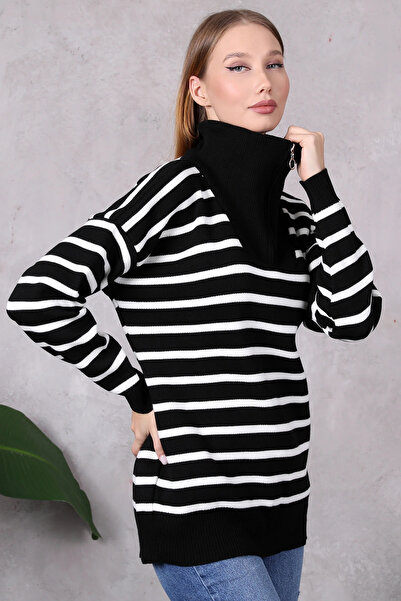 LUGMO Pulover de tricotaj oversize cu dungi negre - Guler camioner, cu fermoar