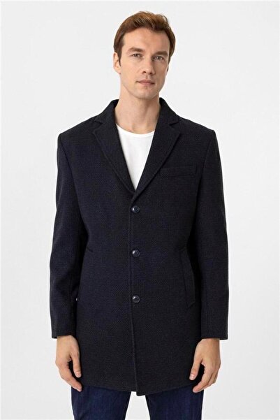 SÜVARİ Lacivert Slim Desenli Mono Yaka Kaban