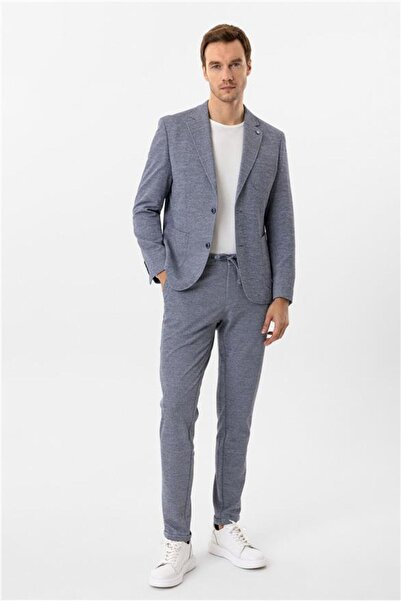 SÜVARİ Parlament Mavi Slim Desenli Mono Yaka 6 Drop Takım Elbise