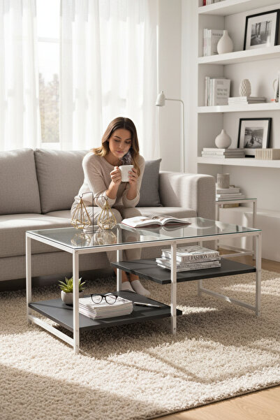 TOLIAHOME Modern Siyah-Beyaz Renk 3 Katlı Metal İskeletli Şeffaf Temper Camlı...