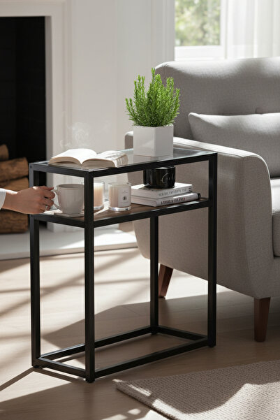 TOLIAHOME Metal İskeletli Ceviz-Siyah Şeffaf Temper Camlı 2 Katlı Yan Sehpa K...