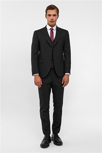 SÜVARİ Siyah Slim Desenli Sivri Yaka 6 Drop Yelekli Takım Elbise