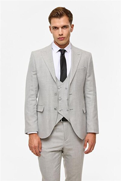 SÜVARİ Gray slim patterned pointed collar 6 drop vest suit