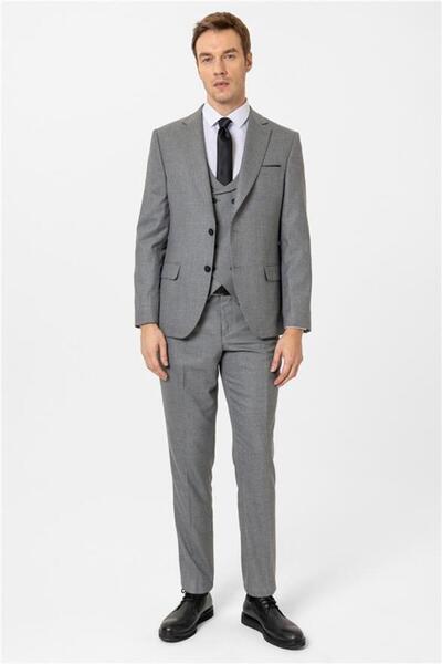 SÜVARİ بدلة أنثراسايت سليم منقوشة بياقة مونو 6 دروب طقم فيست