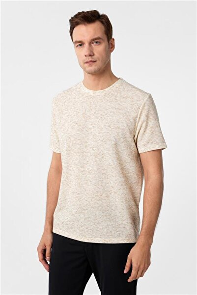 SÜVARİ Ekru Regular Düz Bisiklet Yaka Tişört