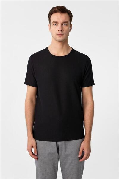 SÜVARİ Siyah Slim Armürlü Bisiklet Yaka Tişört