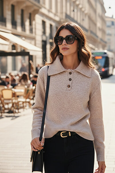 Lela Wool Blend Regular Fit Buttoned Polo Neck Sweater Polo Neck Sweater 4617019