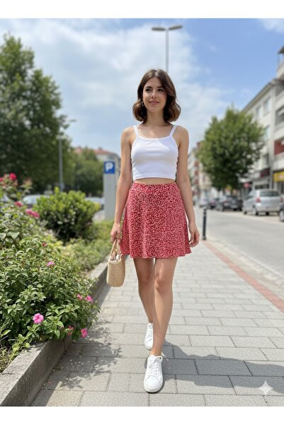 LADY HAZAL تنورة قصيرة حمراء منقوشة بالزهور مع شورت داخلي من قماش هيلين خياطة...