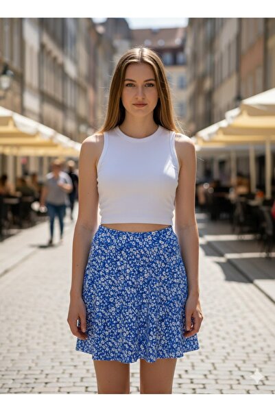 LADY HAZAL Blue Daisy Floral Mini Skirt with Built-In Shorts Helen Fabric Ski...