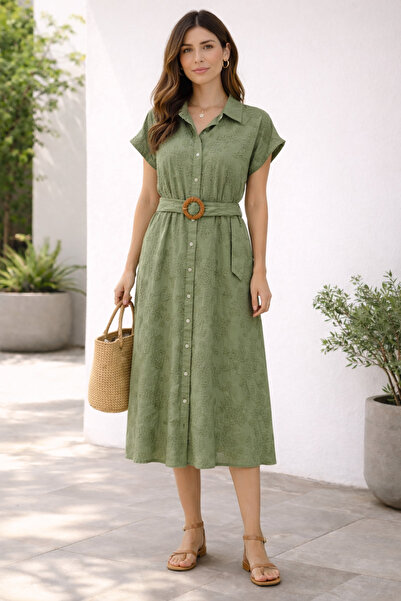 AYHAN Rochie Brode căptușită cu centură cu nasturi