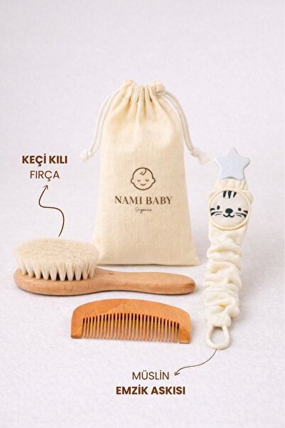Nami Baby Keçi Kılı Bebek Fırça Seti - Emzik Zincirli 4lü Keçi Kılı Fırça Set - Keçi Kılı Bebek Tarağı