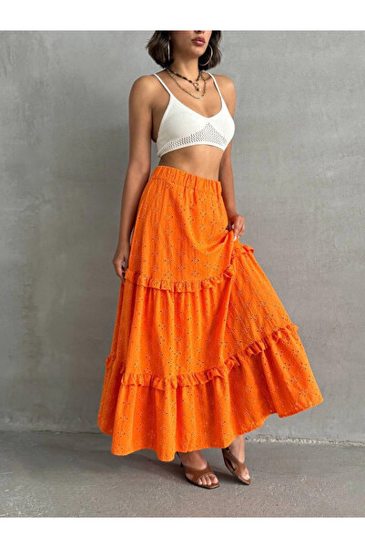 Zerenyus Ruffle Brode Lining Long Skirt Orange