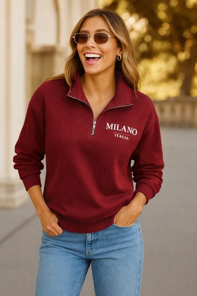 MARKATEM Women's Mock Neck Half Zipper Fleece-Lined Two Thread Sweatshirt