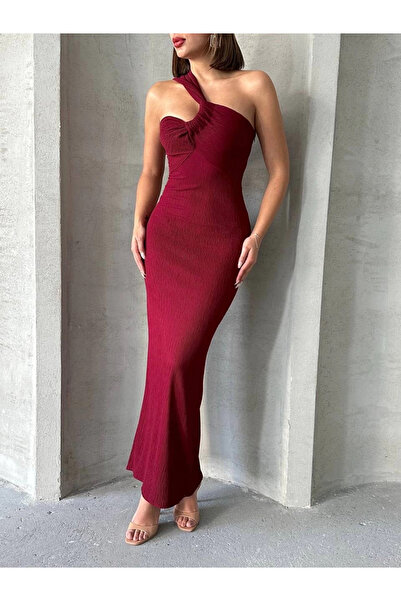 Zerenyus Crinkle One Shoulder Long Dress Burgundy