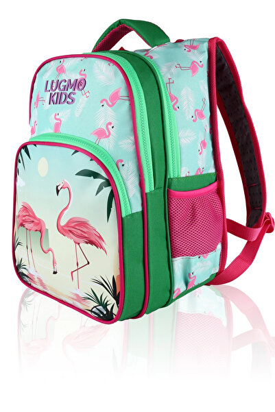 LUGMO Flamingo 3 Lü İlkokul Çanta Seti Kız Çocuk Çantası Astarlı Pedli Yeşil-Pembe
