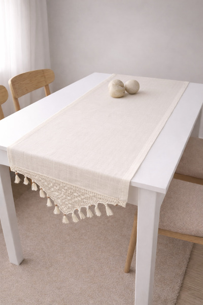 MZN Home 2 Kenar El Dantelli Krem Monika Runner 40x100 cm – %100 Doğal Pamuk