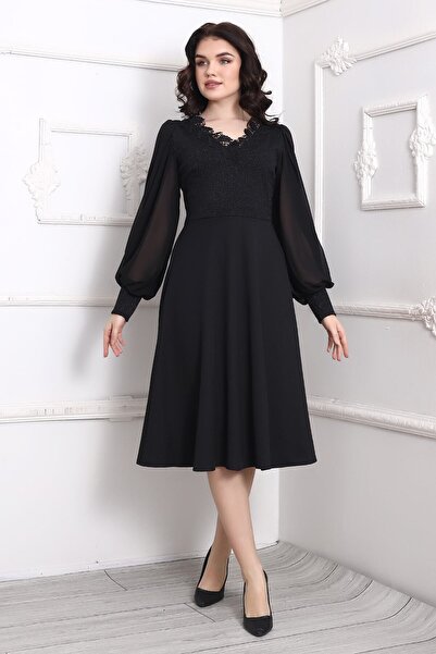 Rokka Moda Şifon Kol Önü Simli Midi Elbise