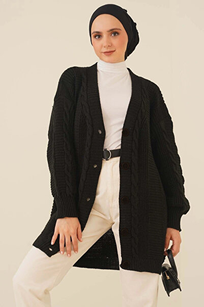 LUGMO Tricotaj de damă Cardigan tricotat cu nasturi în față 5 nasturi negru