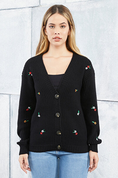 LUGMO سترة نسائية تريكو زهرة مقاس قياسي أسود