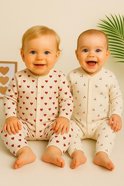 dinamik çocuk Bebek Tulum 2li Set-(2adet Tulum) Büyük Kalp Baskılı Çıtçıtlı T...
