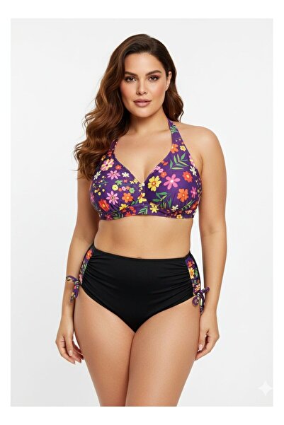 FUNELLA Mor Çiçekli Kadın Büyük Beden Bikini Takımı