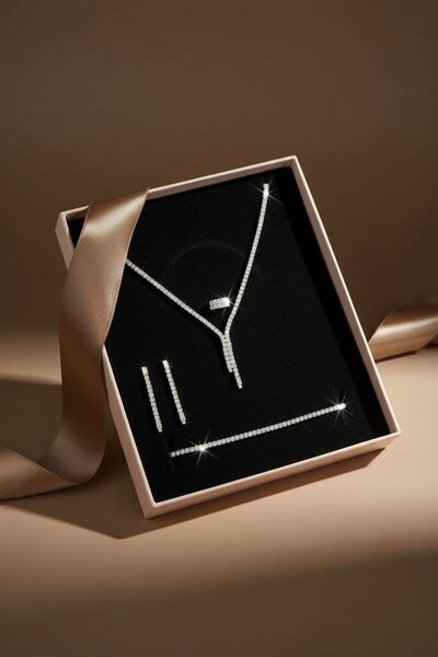 VİYA Carol Zirkon Taşlı Takı Seti Kolye Küpe Yüzük Bileklik Hediye Set