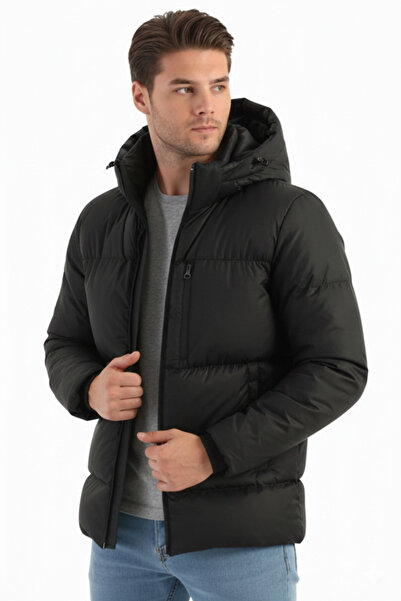 RİVERCLUP Erkek Siyah Elyaflı Kapüşonlu Rüzgar Geçirmez Şişme Kışlık Spor Mont