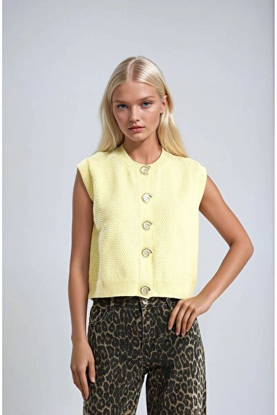 Genel Markalar Helios Gold Düğmeli Triko Kazak Yelek -SARI