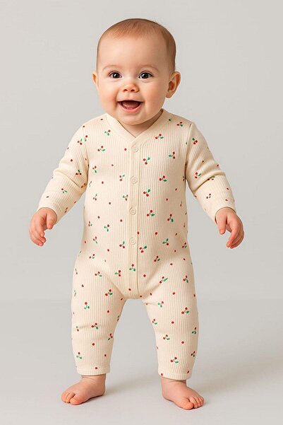 dinamik çocuk Kız Bebek Kirazlı Baskılı Çıtçıtlı Yenidoğan Bebek Tulumu %100 ...