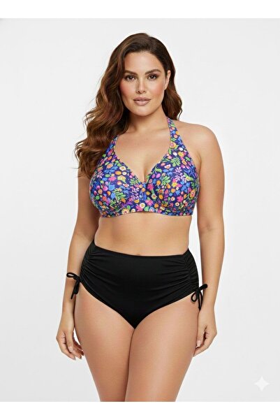FUNELLA Mavi Çiçekli Kadın Büyük Beden Bikini Takımı