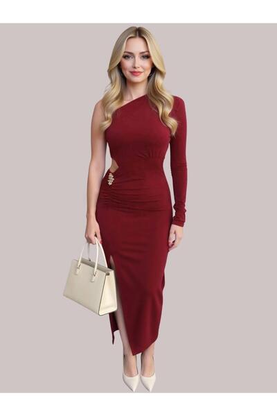 Kinzi Women's Single-Sleeve Slit Burgundy Dress with Waist Accessory