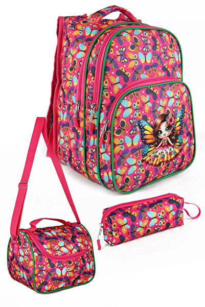 LUGMO 3 Lü İlkokul Çanta Seti Kız Çocuk Çantası Astarlı Kelebek Pembe