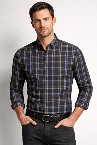 Daniel Bessi Uzun Kollu Regular Fit Büyük Beden Kareli Pamuklu Tek Cepli Casual Klasik Erkek Gömlek