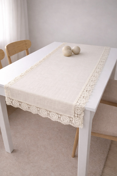 MZN Home 4 Kenar Gül Dantelli Krem Monika Runner 50x150 cm - %100 Doğal Pamuk