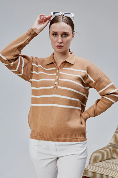 LUGMO سترة نسائية ذات ياقة بولو كبيرة الحجم ومخططة بأربعة أزرار من التريكو المنك