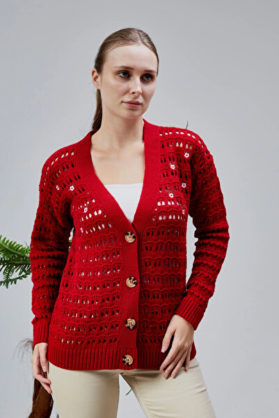 LUGMO Women's Knitwear Cardigan Flower Embroidered Perforated Standard Size Red