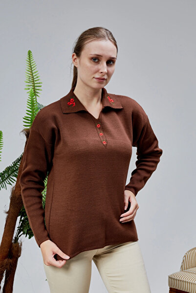 LUGMO Pulover de damă cu guler polo oversize cu broderie florală maro