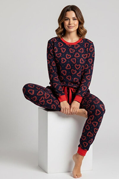 İPEKTENİM Kalp Desenli Kol/Etek Ucu/Paça Manşetli Pijama Takımı