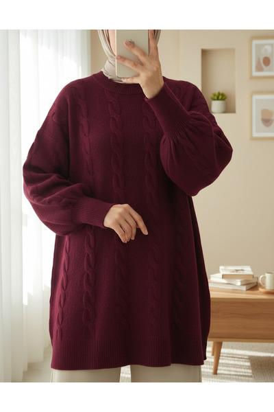 Modamorfo Hair Braid Pattern Soft Knitwear Sweater - Burgundy