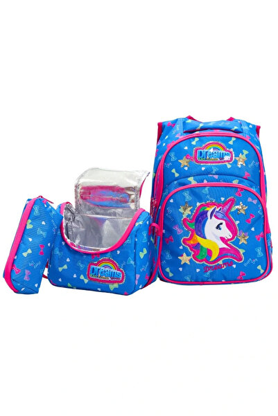 LUGMO Set de 3 genți pentru liceu, geantă pentru școala primară, complet căptușită, albastru unicorn