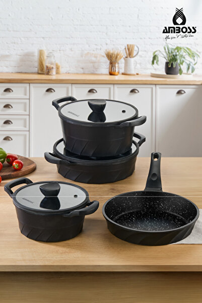 Amboss Vento 7 Parça Döküm Tencere Tava Seti - Siyah