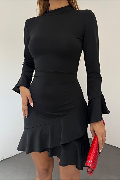 Fav Style Rochie mini cu tiv cu mânecă lungă cu guler în picioare pentru femei