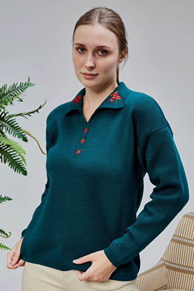 LUGMO Tricotaj de damă cu guler polo oversize cu broderie florală Pulover ver...