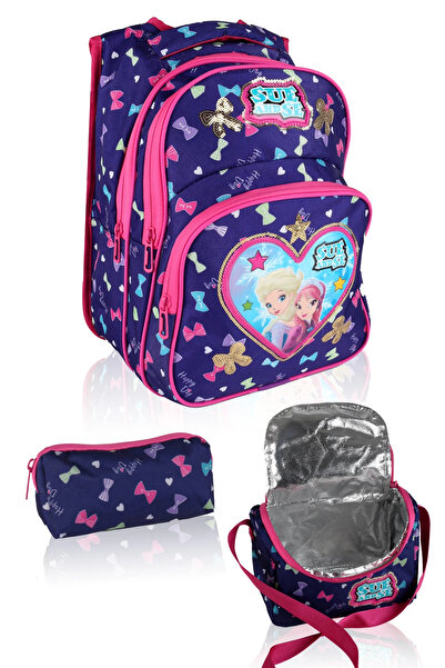 LUGMO 3 Lü İlkokul Çanta Seti Kız Çocuk Çantası Astarlı Love Sue Mor-Pembe