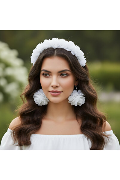 BTRENDY Çiçekli beyaz taç ve küpe seti,anne,çocuk,lohusa,nedime,kına,bride