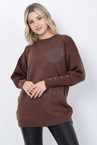 LUGMO Kadın Triko Kazak Bisiklet Yaka Yaprak Desenli Kolu Taşlı Oversize Kahv...